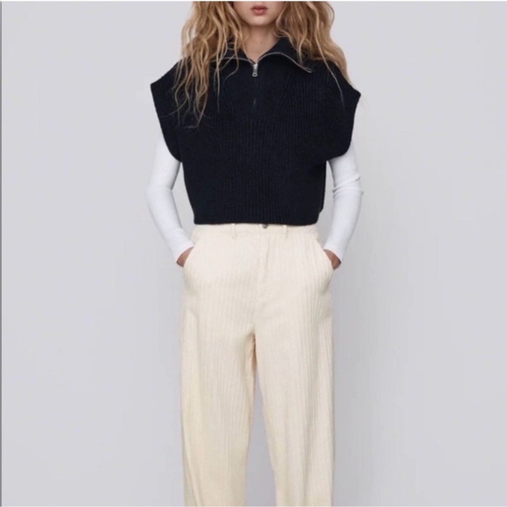 Zara Black Ribbed Half-Zip Cowl Sweater